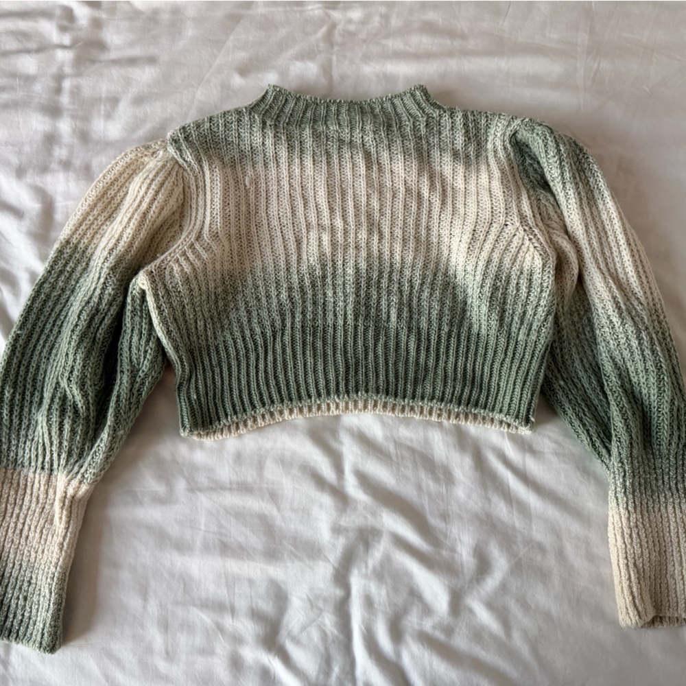 Topshop Green and Cream Balloon-Sleeved Cropped Knit Sweater